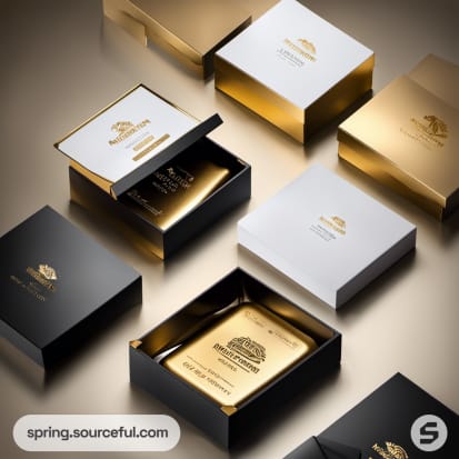 Open boxes with gold trays and black, white covers.