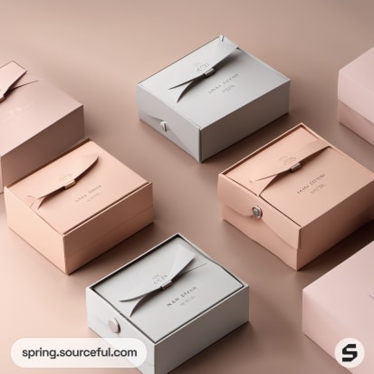 Stylish pink and gray gift boxes with ribbon details on beige surface.