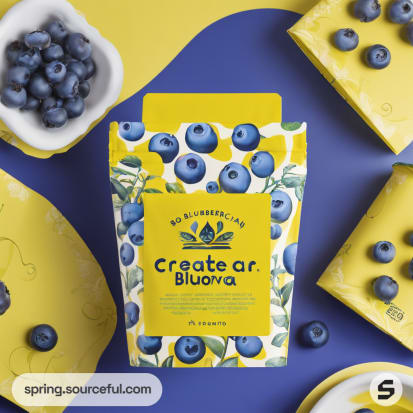 Yellow and blue blueberry pouch with bowls and plates on vibrant background.