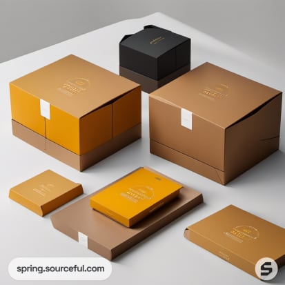 Orange and brown boxed packaging set on white surface.