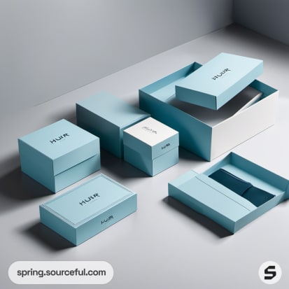 Open blue boxes with compartments and magazines inside.