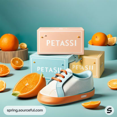 Orange-themed child shoe packaging with orange slices and colorful boxes in a playful setup.