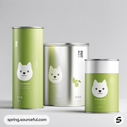 Three cylindrical containers with a cat illustration on green and white labels.