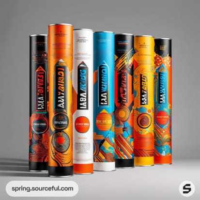 Seven stacked cylindrical packages with vibrant geometric designs.