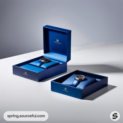 Blue watch gift boxes open to display wristwatches with leather straps, set on a minimalist grey surface.