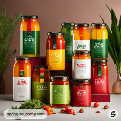 Assorted jars of vegetable sauces with green and red labels in a rustic setting.