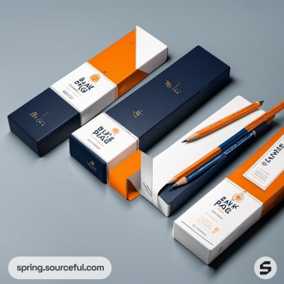 Blue and orange boxed pencils with matching design elements.