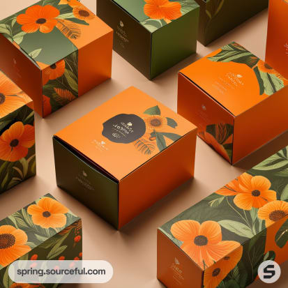 Assorted floral design boxes with bold orange and green colors.