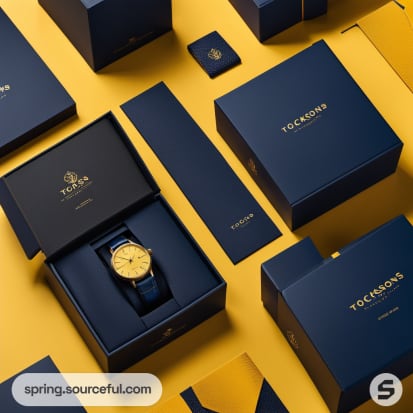 Assorted blue and yellow packaging boxes for watches, some open.