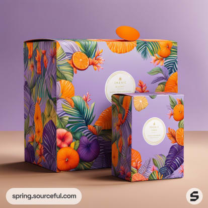 Purple mailer box with tropical fruit and foliage pattern, featuring oranges and passion fruits.