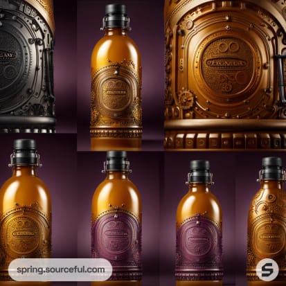 Collage of ornate metal and glass bottles with embossed designs on dark backgrounds.