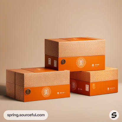 Three brown and orange cardboard boxes stacked against a beige background.