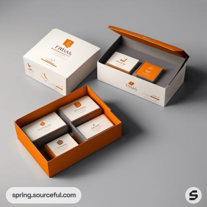 Open orange and white boxes with organized contents.