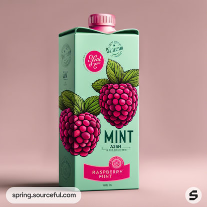 Mint and raspberry juice carton with green base, raspberry graphics, and pink cap on a light pink background.