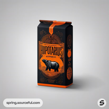 Black and orange rectangular carton with hippo illustration and ornate design.