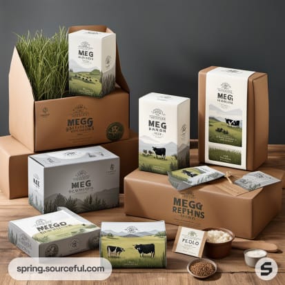 Rustic cardboard packages with cattle imagery and textured designs.