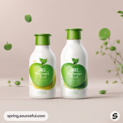 White and green shampoo bottles with apple motifs.