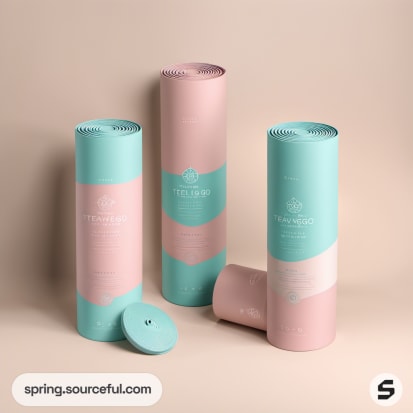 Three cylindrical packages in pastel pink and green colors.