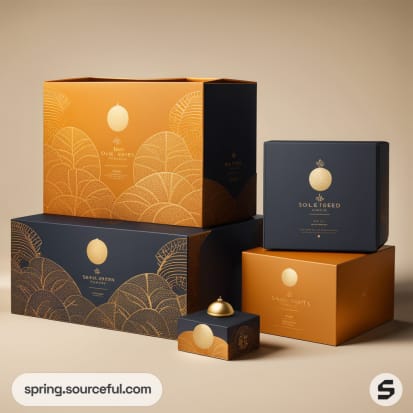 Golden and navy blue gift boxes with intricate leaf patterns arranged on a neutral background.