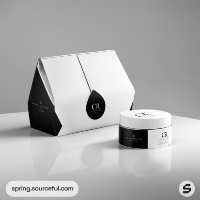 White triangular box with black and white round jar