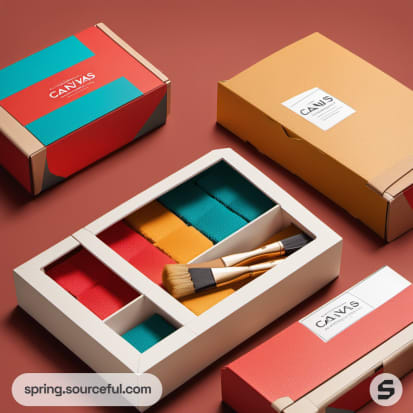 Colorful open boxes with brushes and compartments.