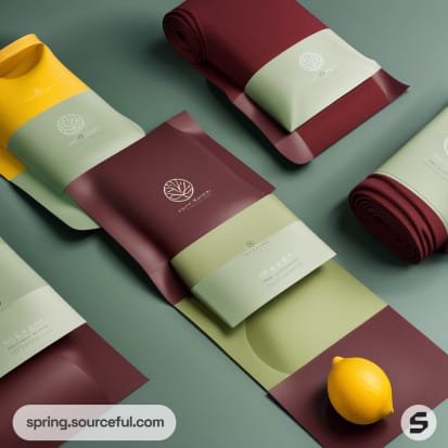 Assorted packaging with deep red and green resealable pouches on a green surface, featuring a lemon.