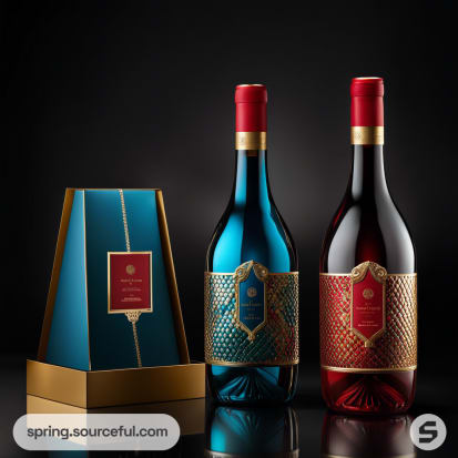 Two ornate wine bottles, one blue, one red, with decorative labels and a matching blue triangular gift box.