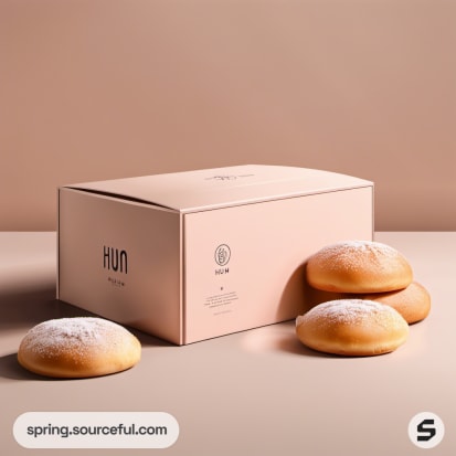 Beige pastry box with buns on a light brown surface.