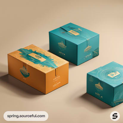 Teal and orange rectangular mailer boxes on beige background.