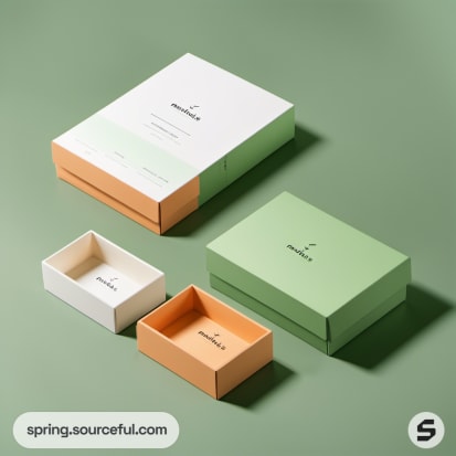 White, peach, and green rectangular boxes on green surface.