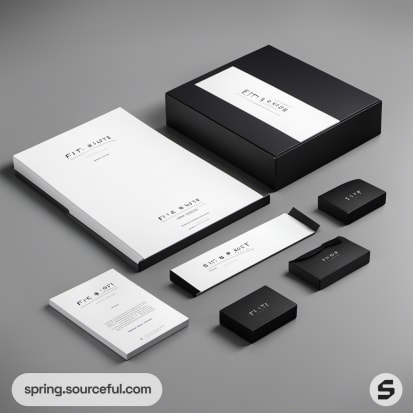 Monochrome rectangular boxes with elegant branding details.