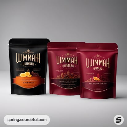 Three resealable pouches in black and red with citrus design elements.