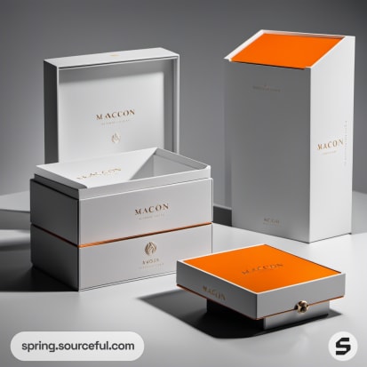 Open white and orange boxes showcasing inner compartments.