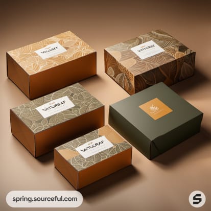 Premium boxes with foliage patterns in brown and green tones laid on a subtle background.