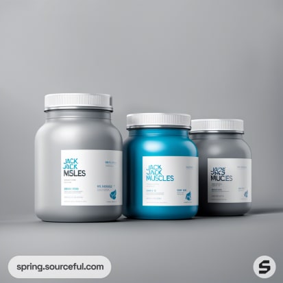 Three gray and blue jars with white labels on a gray background.