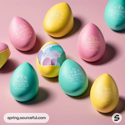 Pink, yellow, and teal egg-shaped containers on a pastel pink surface.