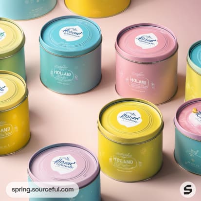 Pastel-colored cylindrical tins with sealed tops displaying 'Holland.'