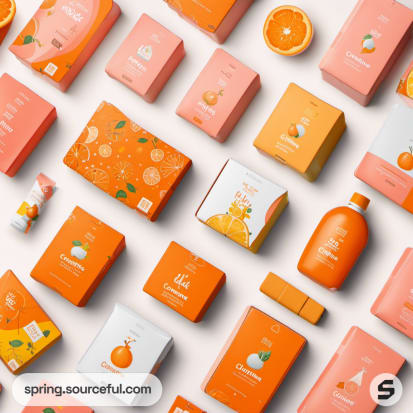 Assorted orange-themed packaging with citrus graphics on a peach background.