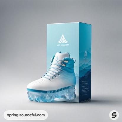 Sneaker displayed with blue-themed packaging, white shoe on icy backdrop.