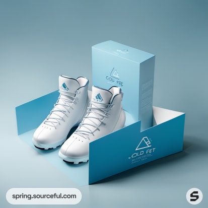 White high-top shoes with light blue soles and matching box on a blue surface.