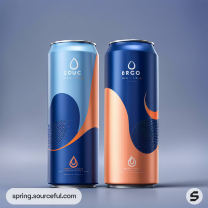 Two tall cans with abstract blue and orange designs on a gradient background.