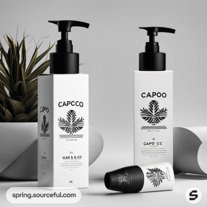 White pump bottles with black pumps and botanical illustrations, set on a gray surface.