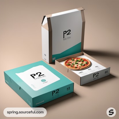 Turquoise and white pizza box, open with a pizza inside, set against a neutral background.