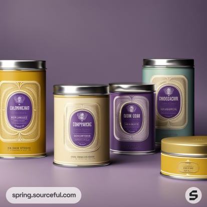 Collection of cylindrical tins with labels on a purple background.