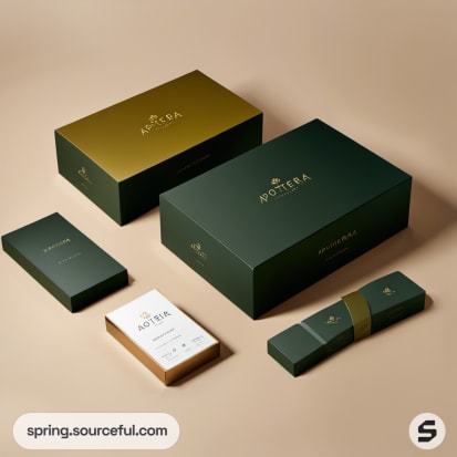 Sophisticated green and gold boxes with minimalist design on beige.