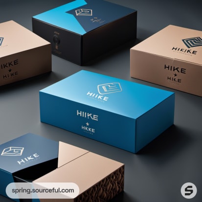 Blue and beige shoe boxes with minimalist design.