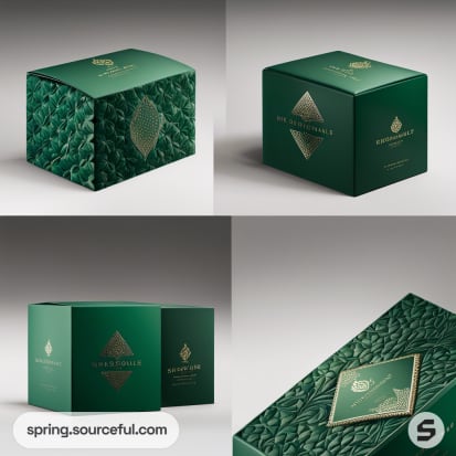 Multiple green textured and plain boxes with gold designs