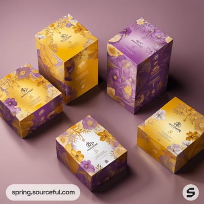 Four floral-themed mailer boxes in yellow and purple with intricate flower patterns on a purple background.