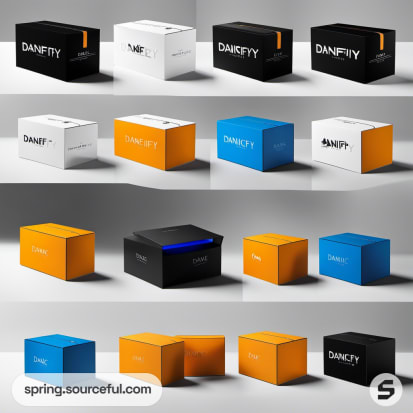 A variety of black, white, orange, and blue boxes with minimalist text on a neutral background.