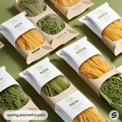 Clear plastic bags with cardboard sleeves showcasing green and orange pasta on a green background.